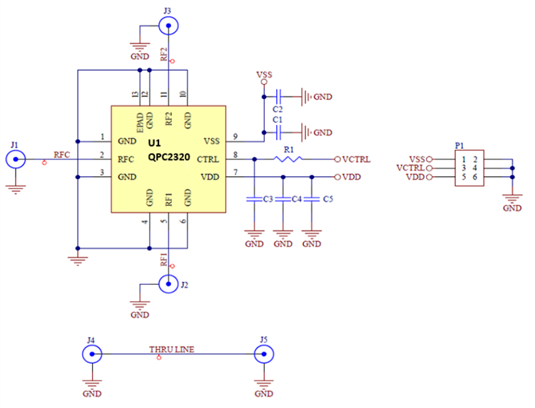 Application Circuit Diagram - Qorvo QPC2320 0.02GHz to 15GHz SOI SPDT Switch